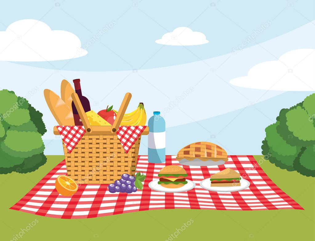 basket with breads and breads in the tablecloth decoration vector illustration