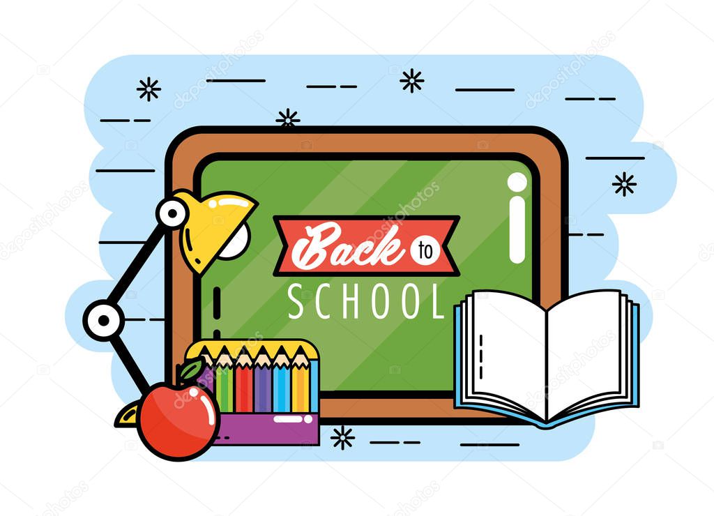 blackboard with pencils colors and book to back school vector illustration