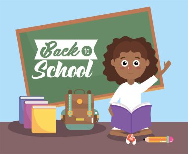 yazı tahtası ve eğitim kitapları ve sırt çantası vektör çizim ile kız