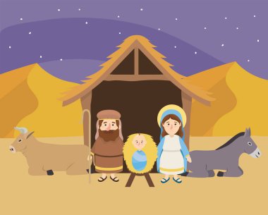 jesus between mary and joseph with donkey and mule vector illustration clipart