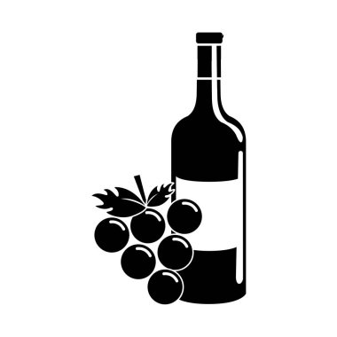 siyah kontur şişe şarap üzüm simge görüntüsünü, vektör çizim tasarım grup ile
