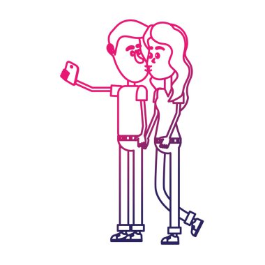 vektör çizim satırı çift öpüşme ve alma selfie ile smartphone