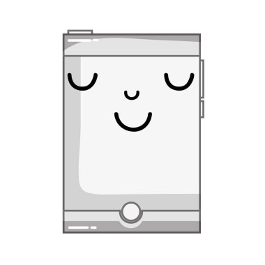 gri tonlamalı kawaii şirin mutlu smartphone teknoloji vektör çizim