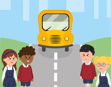 Ev ve çocuklar öğrenciler vektör çizim bir okul otobüsüne