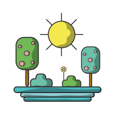 ağaçlar güneş ve çiçek bitki vektör çizim ile