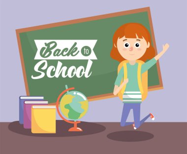 Küresel harita ve kitap vektör çizim ile sınıfta kız
