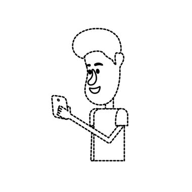 noktalı şekli güzel adam saç modeli ve el vektör çizim içinde smartphone