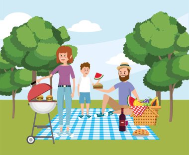 Aile ile birlikte eğlenceli piknik rekreasyon vektör çizim