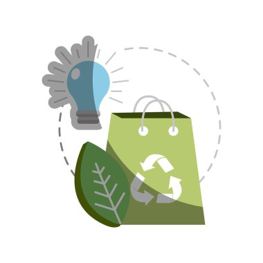 geri dönüşüm işareti, ampul ve yaprak, vektör çizim ile yeşil çanta