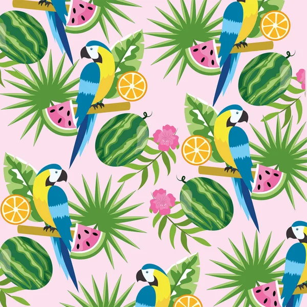 Papagaio Com Melancia Tropical Limão Fundo Vetor Ilustração — Vetor de Stock