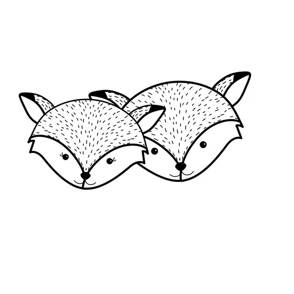 Lijn Schattig Fox Hoofd Dierlijke Paar Samen Vectorillustratie — Stockvector