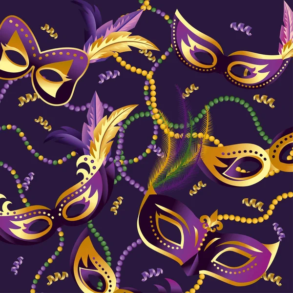 Máscaras Con Plumas Collar Ilustración Vectorial Merdi Gras — Vector de stock