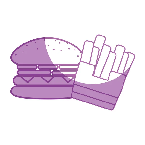 Silhouette Leckeren Hamburger Mit Pommes Frites Französisch Fast Food Vektor — Stockvektor