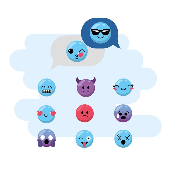 Kawaii Emoji Duygu Simge Vektör Tasarlamak Ayarla — Stok Vektör