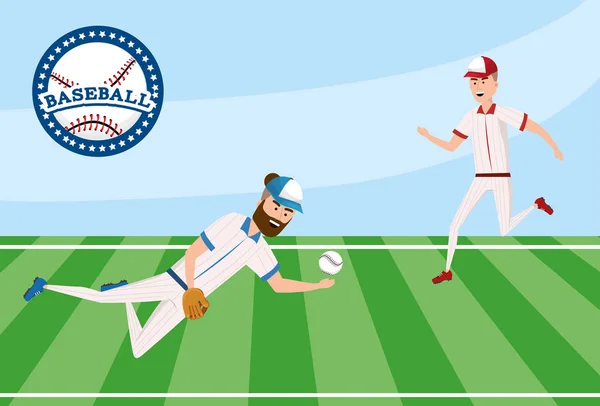 Compétition Joueurs Baseball Sur Terrain Avec Illustration Vectorielle Uniforme — Image vectorielle