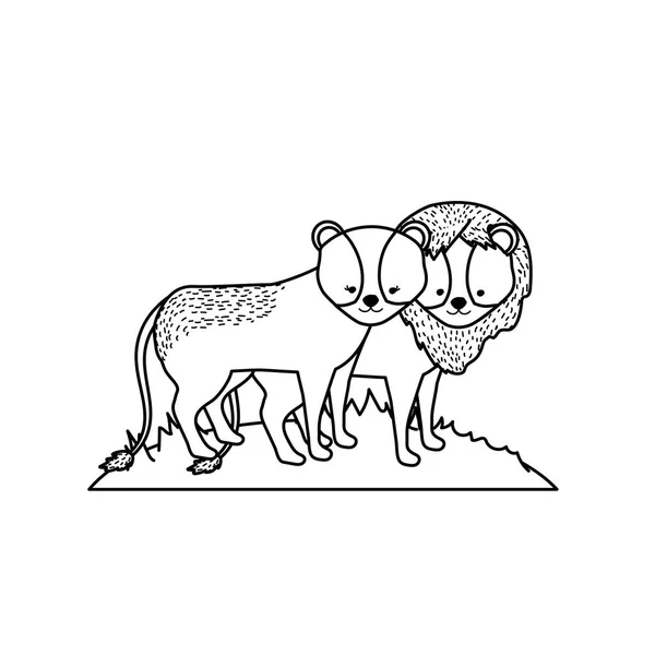 Lijn Schattige Leeuw Dierlijke Paar Samen Vectorillustratie — Stockvector