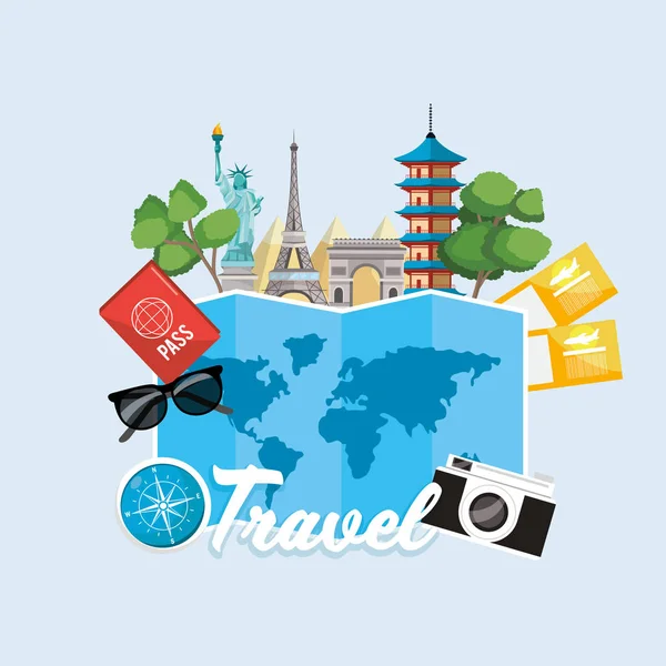 Globale Karte Und Vektor Illustration Für Internationale Reiseziele — Stockvektor