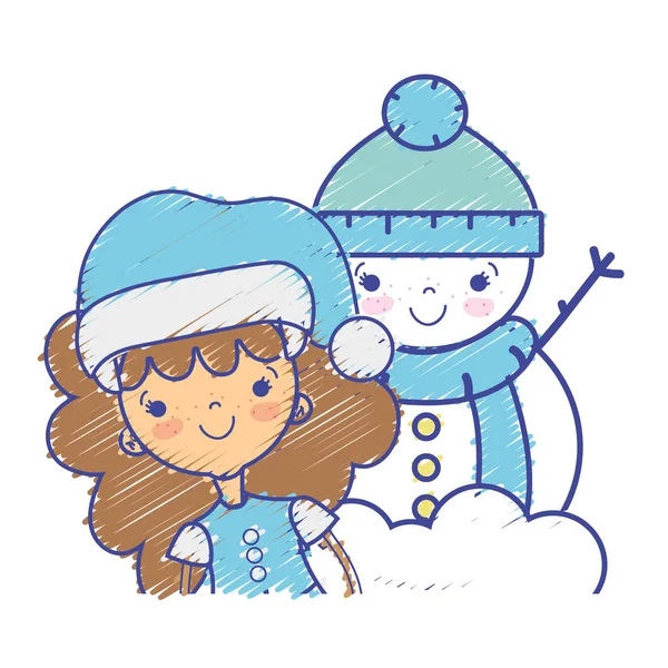 Menina Com Roupas Natal Boneco Neve Desenho Vetor Ilustração —  Vetores de Stock