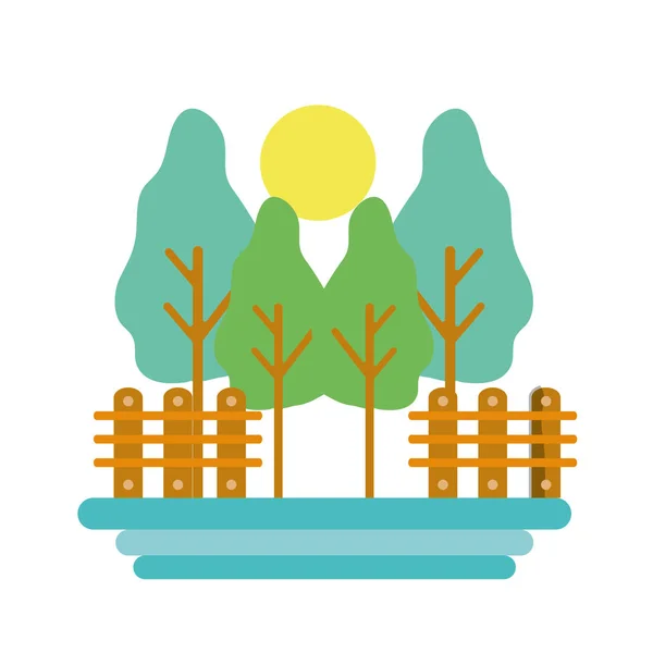 Arbres Plantes Avec Grille Bois Soleil Vecteur Illustration — Image vectorielle