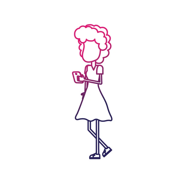 Ligne Beauté Femme Avec Coiffure Smartphone Dans Vecteur Main Illustrtaion — Image vectorielle