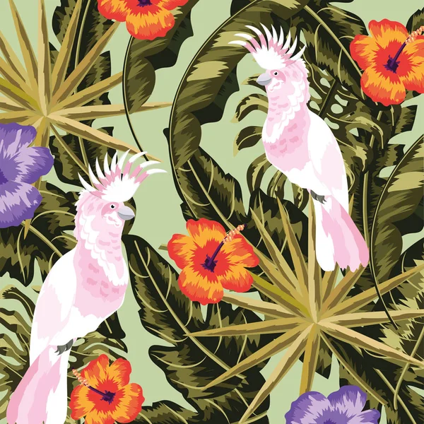 Cacatoès Avec Fleurs Feuilles Plantes Fond Vectoriel Illustration — Image vectorielle