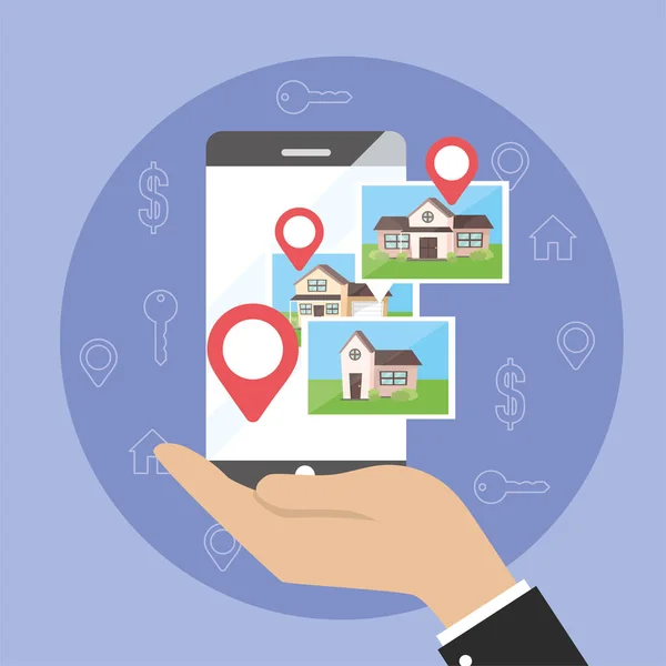 Hombre Negocios Con Teléfono Inteligente Mapa Ubicación Casas Vector Propiedad — Vector de stock