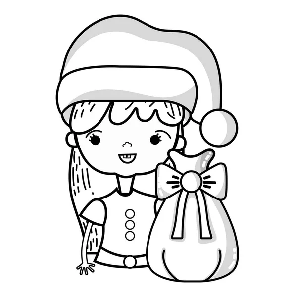 Line Nice Girl Hat Christmas Bag Vector Illustration — Stock Vector