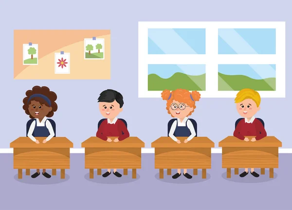 Tanuló Gyermekek Iskolai Íróasztal Osztályteremben Vektoros Illusztráció — Stock Vector