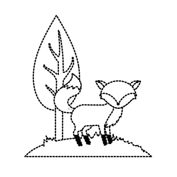 Forme Pointillée Mignon Renard Animal Sauvage Côté Illustration Vectorielle Arbre — Image vectorielle