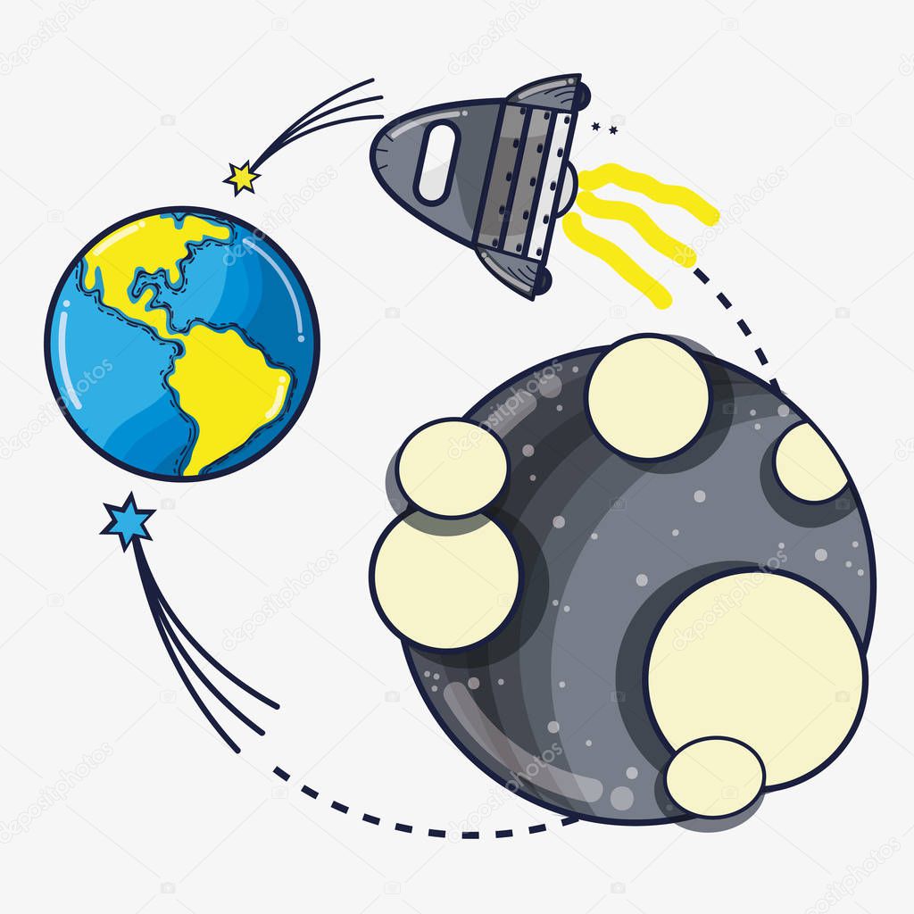 rocket exploring to moon and come back to earth planet, vector illustration