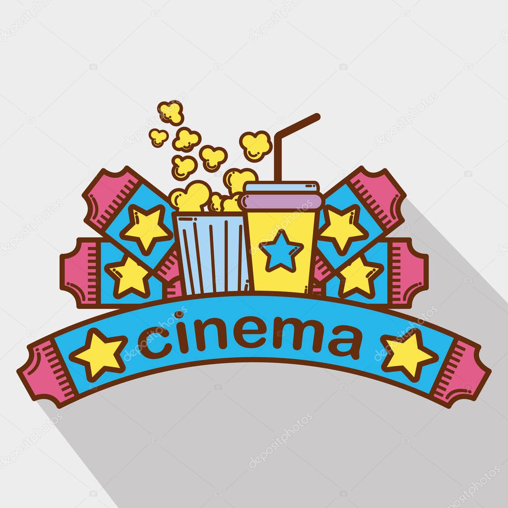cinema with popcorn, soda and tickets, vector illustration