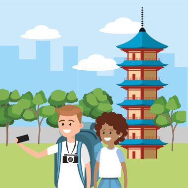 kadın ve adam smarphone Çin kule ile illüstrasyon vektör