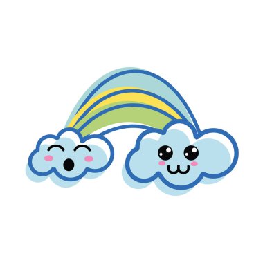 Kawaii rainbow ile bulutlar yüz ifadesi, vektör çizim ile