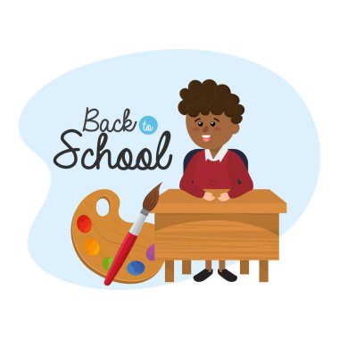 çocuk öğrenci masada paleti ve boya fırçası vektör çizim ile