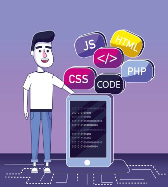 Yazılım programcısı Smartphone ve öğeleri vektör çizim grafik tasarım ile çalışma