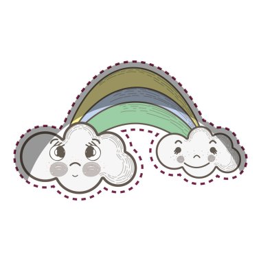 Kawaii rainbow ile bulutlar yüz ifadesi, vektör çizim ile