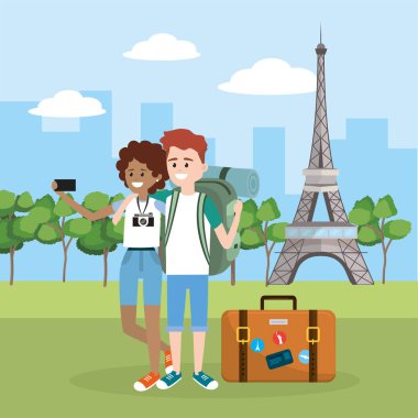 vektör çizim kadın ve erkek çift olarak Eyfel Kulesi