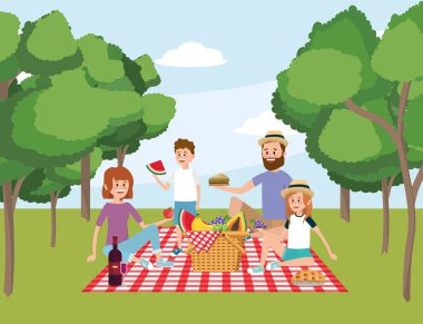Aile ile birlikte sepet piknik ve ağaçlar vektör çizim