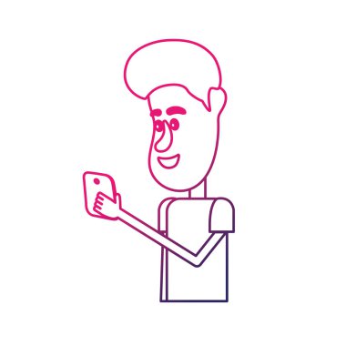 satır güzel adam saç modeli ve el vektör çizim içinde smartphone