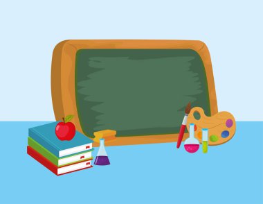 Eğitim kara tahta erlenmeyer şişesi ve defter vektör çizim ile