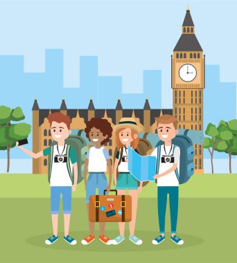 büyük ben kadın ve erkek arkadaşlar vektör çizim seyahat