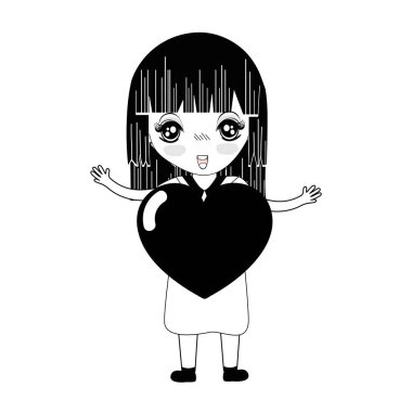 El ve elbise, vektör çizim kalp ile kontur güzel kız