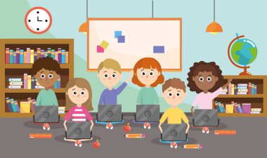 öğretmen ile öğrenci ve dizüstü eğitim vektör çizim malzemeleri