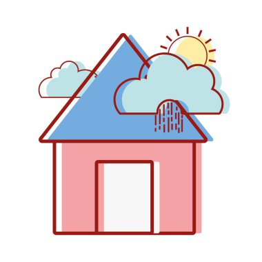 yağmur bulutları ile ev ve tropikal hava vektör çizim güneş