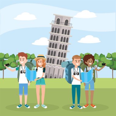 kadın ve erkek arkadaş eğik pisa Kulesi vektör çizim içinde seyahat