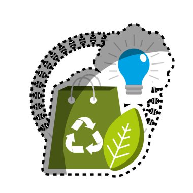 etiket yeşil çanta geri dönüşüm işareti, ampul ve yaprak, vektör çizim