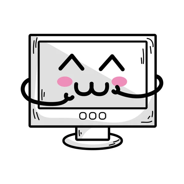 Line Kawaii Cute Happy Computer Technology Vector Illustration — Stock Vector