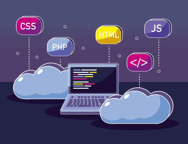 Program Kodowania Laptopa Chmury Obliczeniowej Kody Projekt Graficzny Ilustracja Wektora — Wektor stockowy