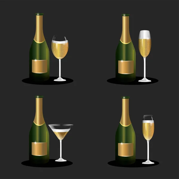 Set Bottle Champagne Glass Celebrate New Year Vector Illustration — Stock Vector