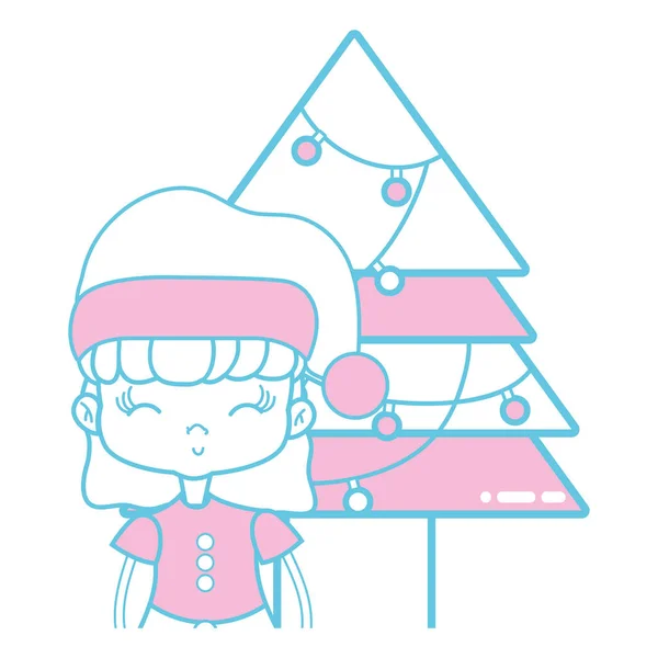 Mädchen Mit Weihnachtskleidung Und Kiefer Mit Lichtern Vektor Illustration — Stockvektor